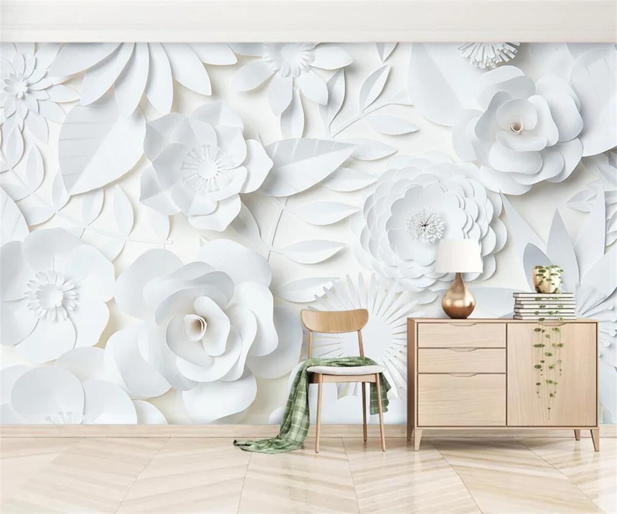 Murale di dimensioni personalizzate Carta da parati 3d Fiore in rilievo bianco Pittura decorativa Decorazione della casa Murales in materiale autoadesivo in rilievo