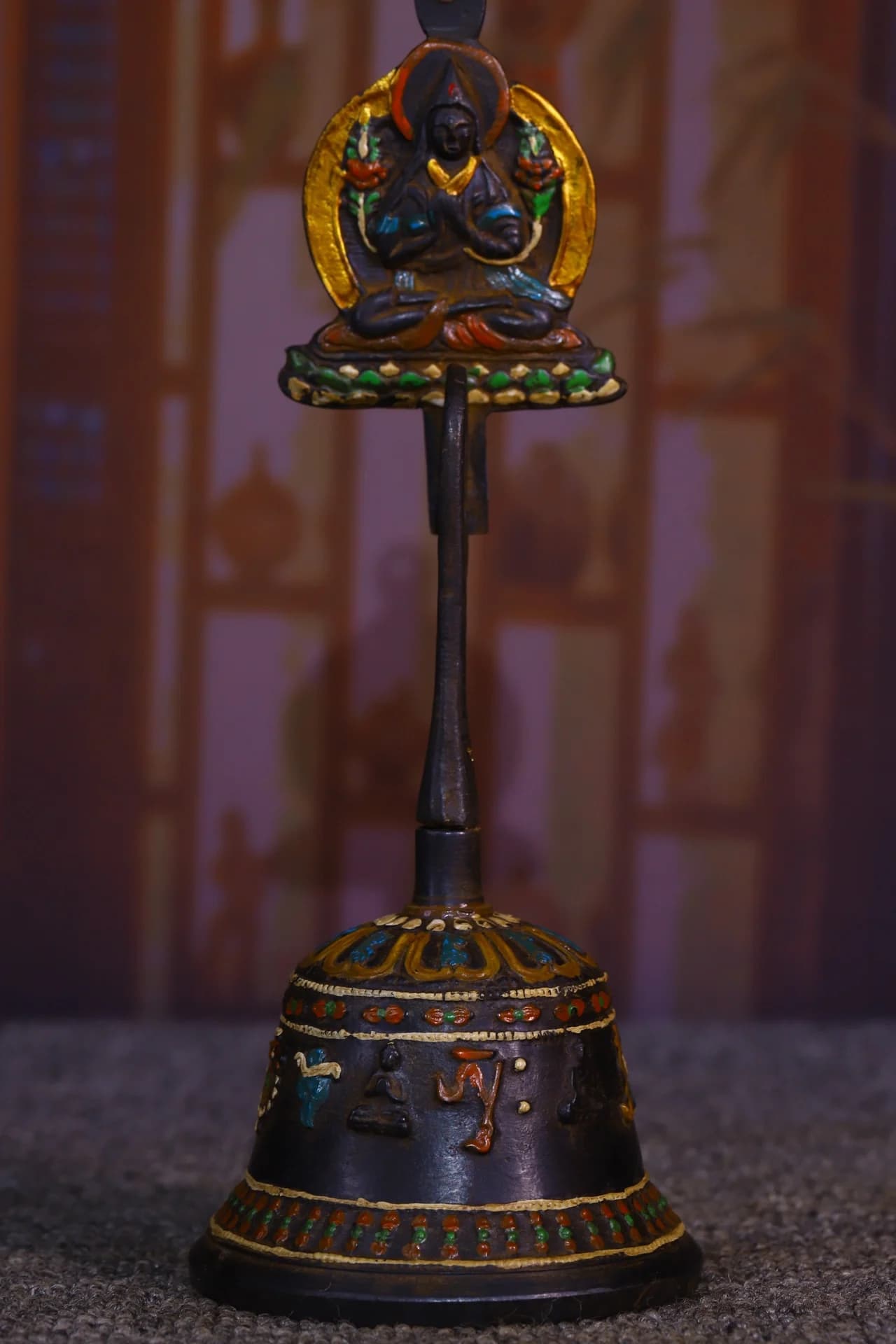 10"Tibetan Temple Collection Old Bronze Painted Tsongkhapa Buddha Six Word Proverbs Old Ringing Bell Amulet Town House Exorcism