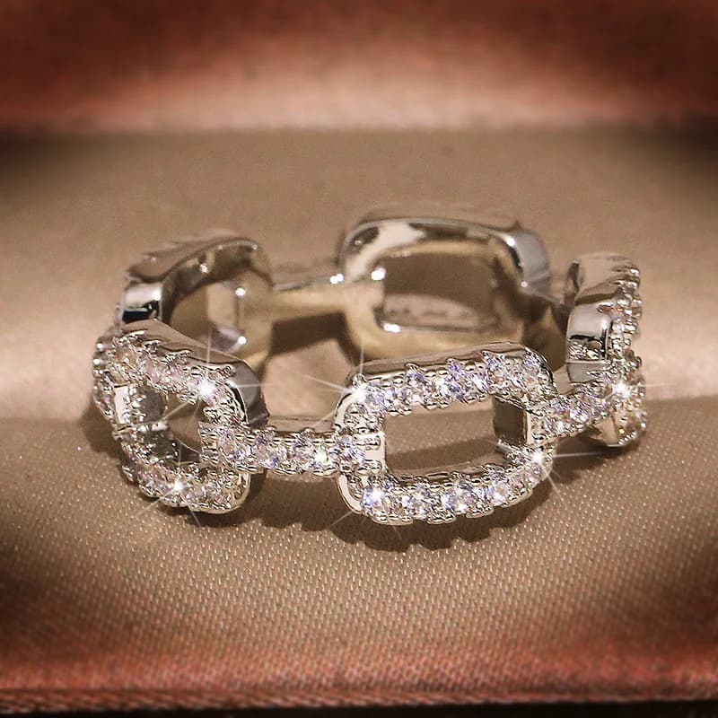 925 New Silver Color Chain Ring with Bling Zircon Stone Rings for Women Wedding Engagement Fashion Jewelry gift