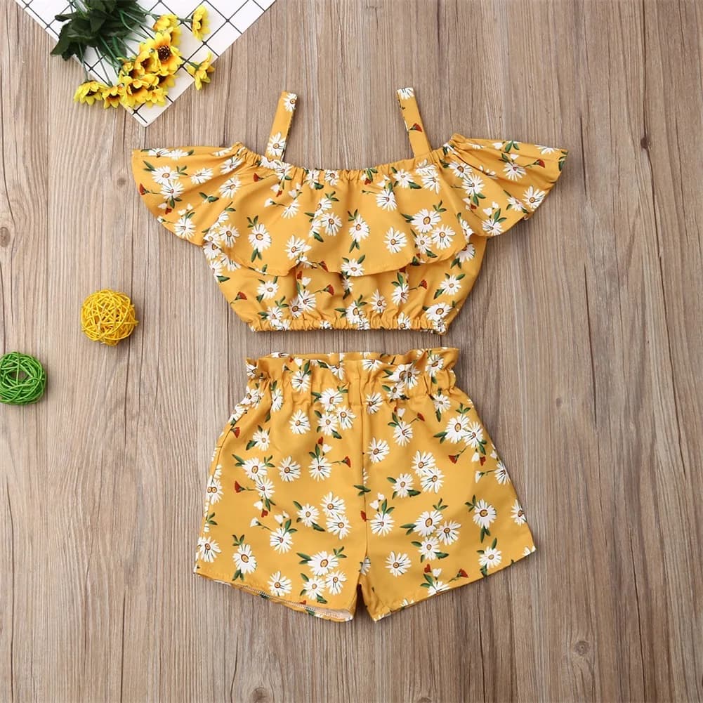 La più nuova moda estate bambino vestiti della neonata Off spalla volant Sling Crop top pantaloni corti 2 pezzi abiti vestiti