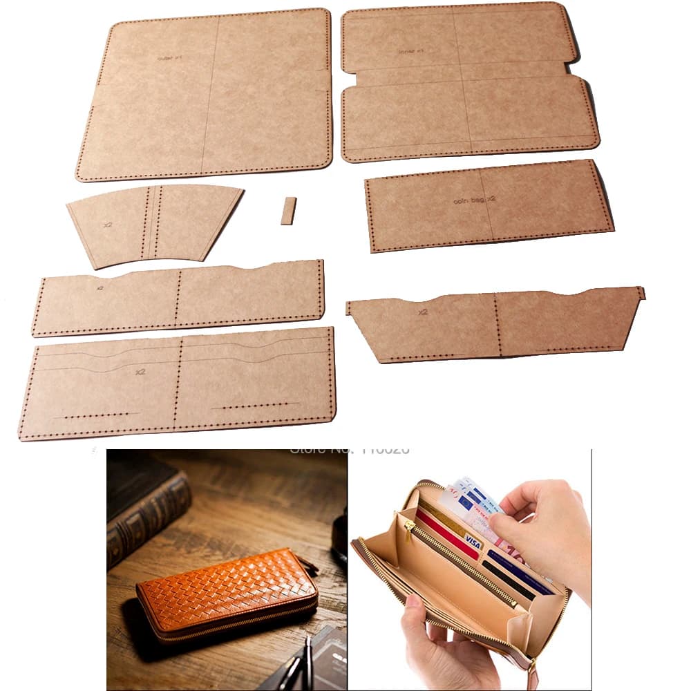 DIY leather craft long folded wallet card holder with zipper coin bag clutch template hollowed stencil pattern 10x21x2cm