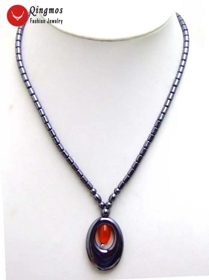 Qingmos Natural Black 20*30mm Oval Hematite Pendant Necklace for Women with Orange Opal Necklace 18" Chokers Fine Jewelry ne5616