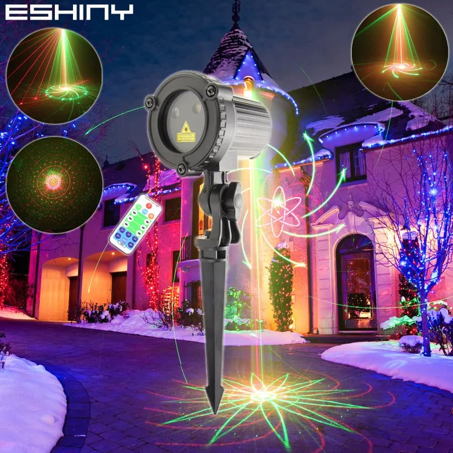 Proiettore Laser ESHINY per Esterni IP65 R&G con 32 Motivi, Telecomando, per Feste di Natale, Pareti, Alberi, Giardini e Paesaggi B203D3