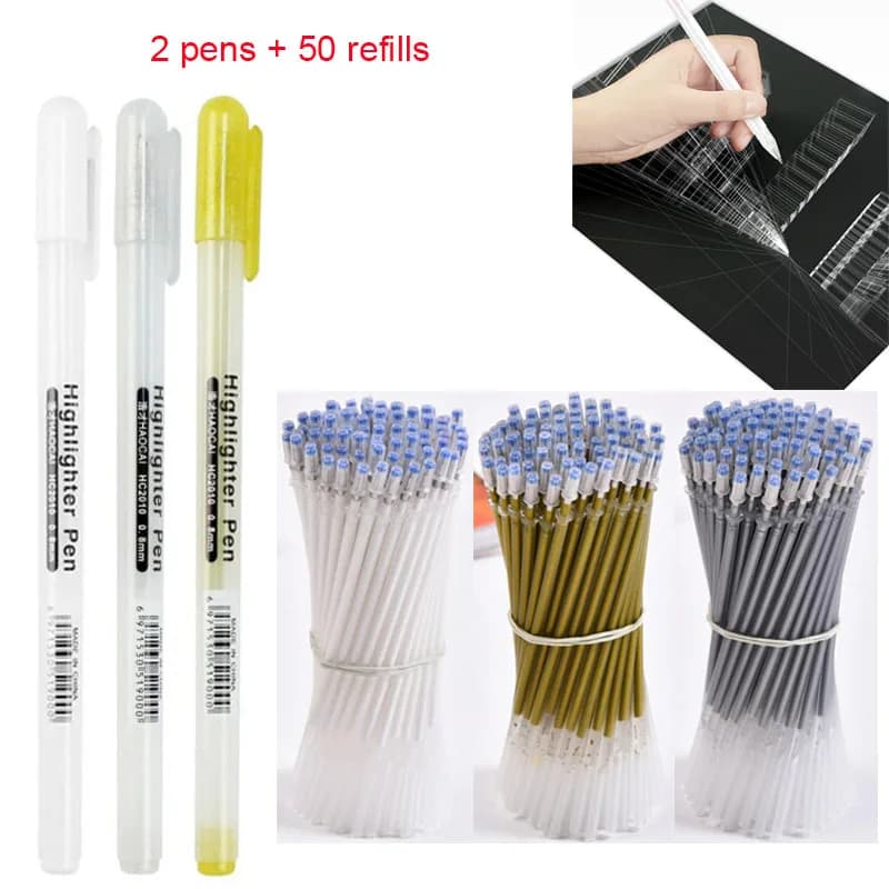 2 pezzi + 50 pezzi ricariche/set, oro/bianco/argento disegno animazione design ricariche bianche speciali per calligrafia studentesca carta nera 0,8 mm