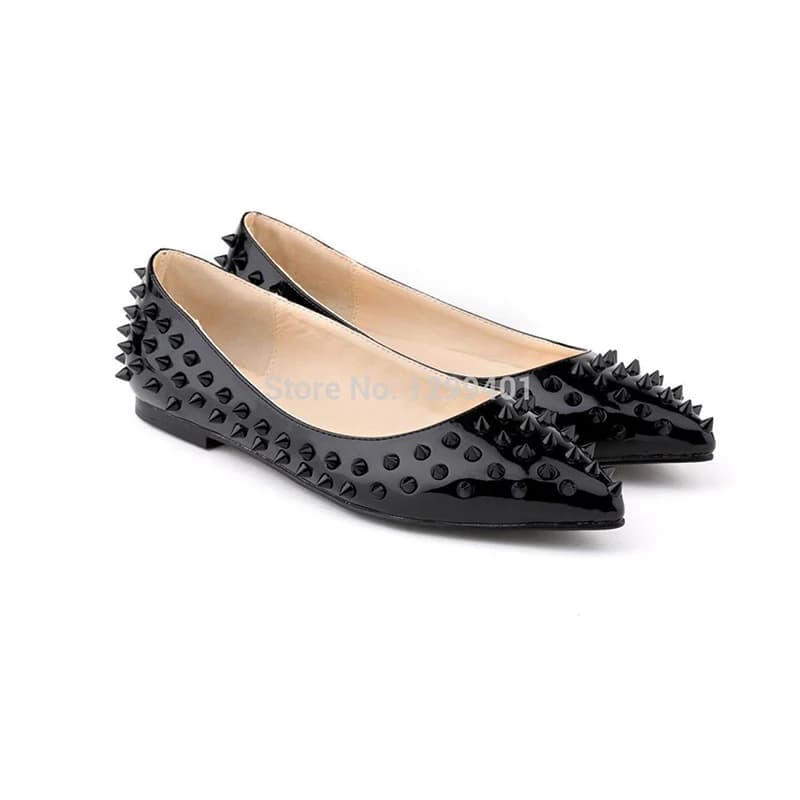 LOSLANDIFEN Womens Ladies Luxury Sexy punta a punta in ecopelle vernice appartamenti Dolly balletto rivetti scarpe da corte