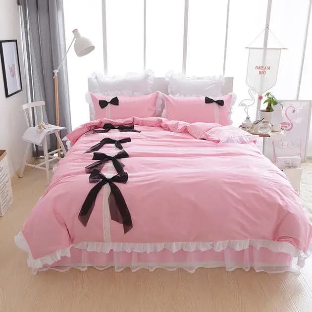 Korean100 % Pink Cotton Princess Bed Linen Set Ruffle Black Lace Bed Linen Cover Girls Quilt of Wedding Cover Bed Set