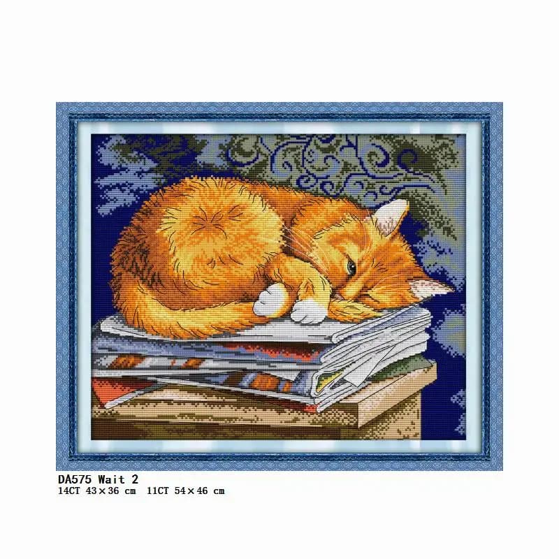 Cat Wait Cross Stitch Kit Counted Embroidery Needlework Patterns 11CT 14CT Thread Stamped DIY Home Decoration Set Printed Canvas
