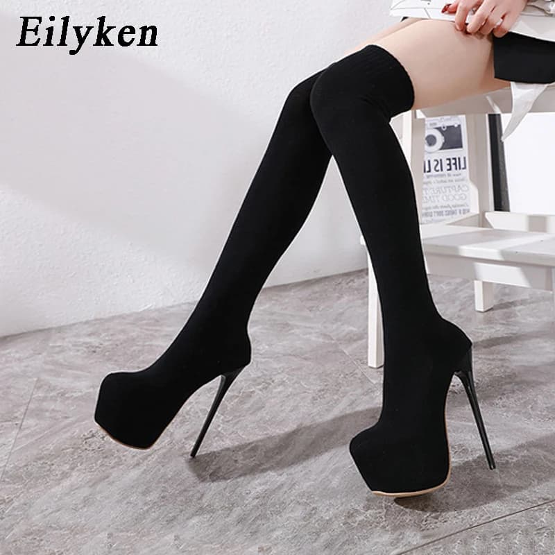Eilyken Fashion Platform Elasticized Fabric Boots Over Knee Boots Women's Sexy Club Chest Sock Long Style High Heel Botas De Mujer