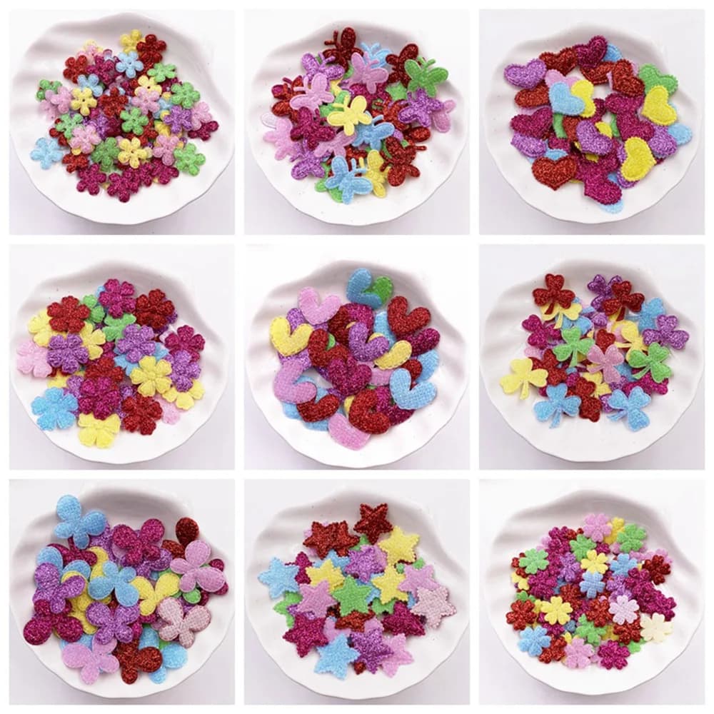 100 pz Glitter Bepowder Non Tessuto Kawaii Varie Forme Feltro Tessuto Toppe E Stemmi FAI DA TE Panno Appliques Arco Abbellimenti Mestiere di Nozze