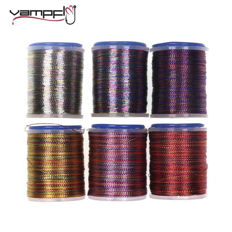 Vampfly 6 bobine 150D 100 yarde arcobaleno fili metallici materiale per la costruzione di mosche per ninfa Body Streamer mosche Jig Hook Fish Lure Bait