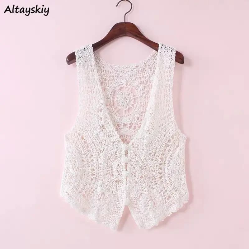 Summer Knitted Vests Women Deep V-neck Slim Single Breasted Hollow Out Sleeveless Outwear Hook Flower Vintage Waistcoats Fashion