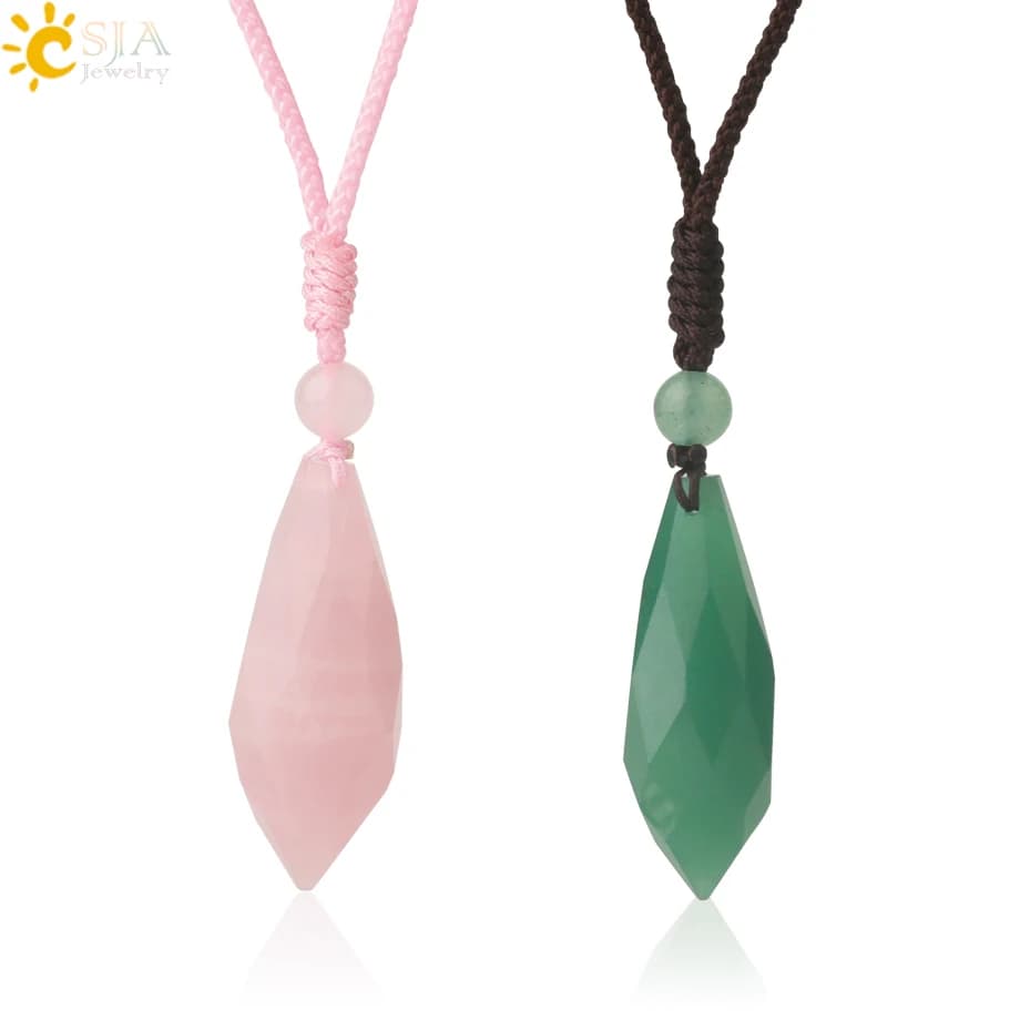 CSJA Faceted Natural Stone Pendants Necklaces Pink Quartz Crystal Water Drop Weave Rope Long Necklace for Women Men Jewelry G595