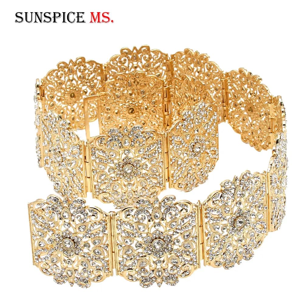 Sunspicems Gold Color Moroccan Caftan Belt for Women Rhinestone Waistband Arabic Crystal Wide Waist Chain Wedding Jewelry