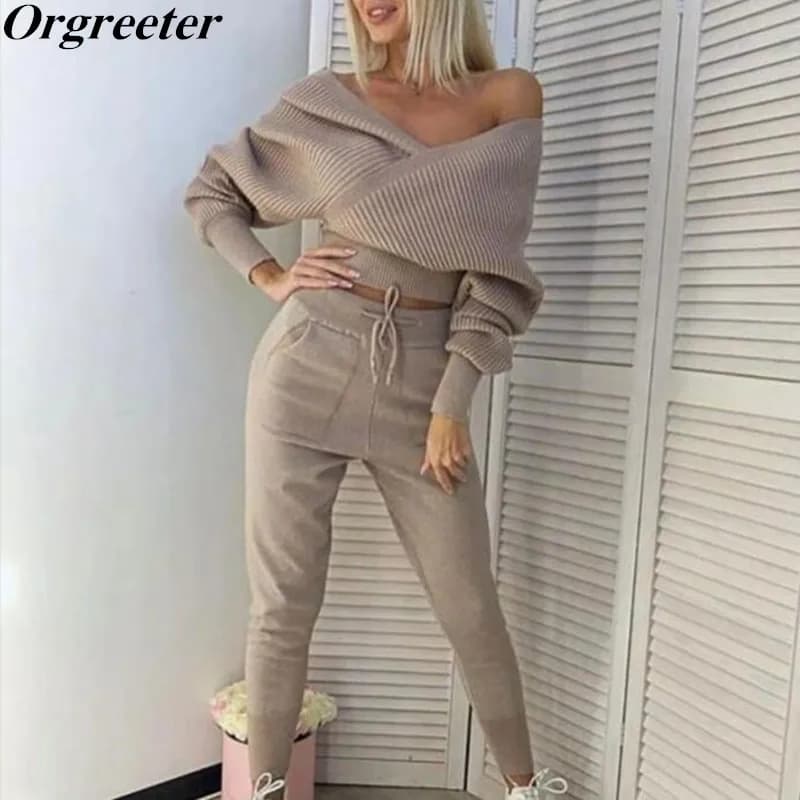 Sexy Off shoudler 2 Piece Sweater Tracksuits Women Harrem Pants + Double V Neck Pullover Sweater Set Fall Winter Knitted Clothes