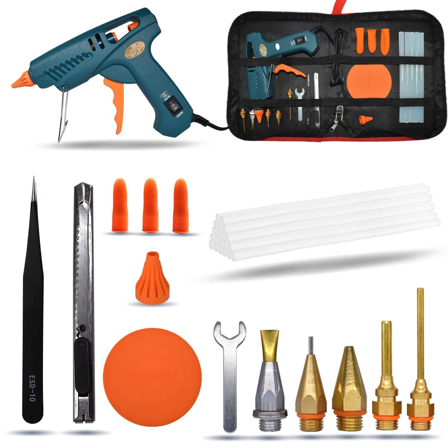 Pistola per colla a caldo singola, SET di imballaggio-8 KIT di attrezzi 15 IN 1 Pistola in silicone Interruttore 50W/OFF/150W Utilizza colla stick da 11 mm Ugello in rame puro