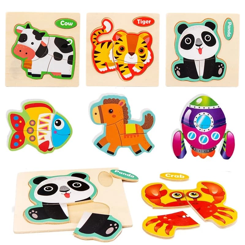 Puzzle 3D in Legno di Piccole Dimensioni con Animali Cartoon, Gioco Educativo per Bambini e Regalo per l'Apprendimento Precoce