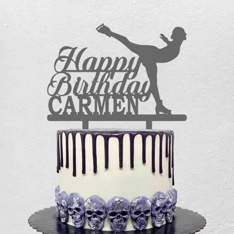 Nome personalizzato Buon compleanno + Nome Ragazza Pattinaggio di figura Silhouette Cake Topper per la decorazione della torta della festa di compleanno invernale YC087