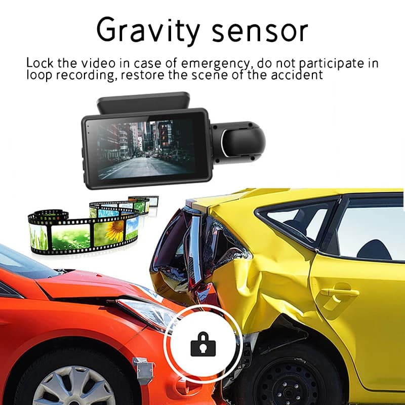 Dash Cam per Auto a Tre Obiettivi 120 ° Telecamera Posteriore per Parcheggio con Grandangolo, Sensore G e Registrazione in Loop