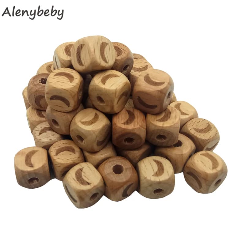 Perline di luna in legno quadrato Massaggiagengive 12MM Perline di stampa laser in legno di faggio naturale per giocattoli di gioielli che realizzano collane per dentizione per bambini fai da te