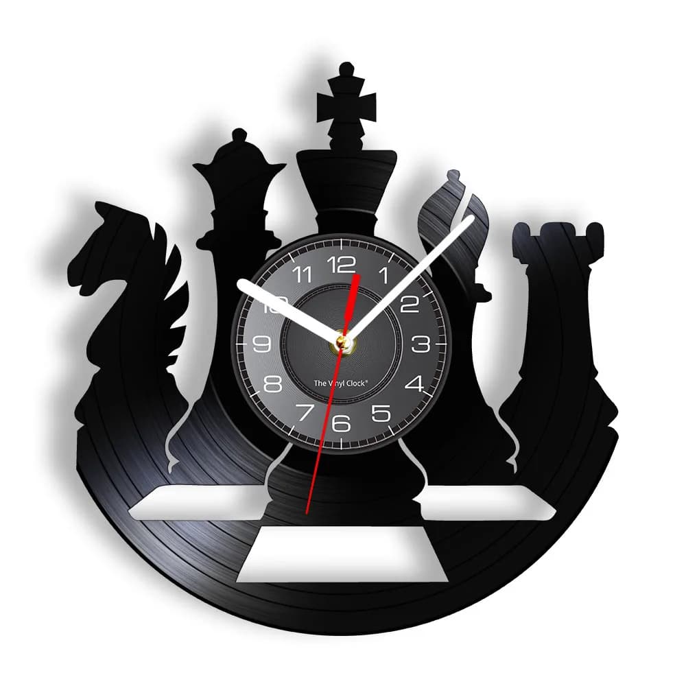 Gioco da tavolo internazionale per scacchi, grammofono in vinile, set di orologi da parete, decorazioni per sala giochi, cavaliere, re, regina, disco in vinile, orologio artigianale
