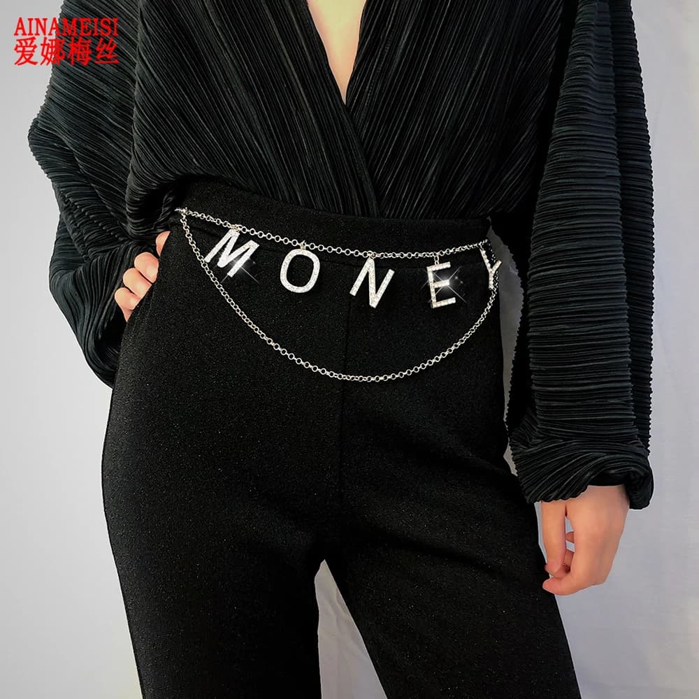 AINAMEISI Sexy pancia vita catena moda cristallo strass lettere cintura per soldi gioielli per il corpo per le donne accessori per abiti da festa