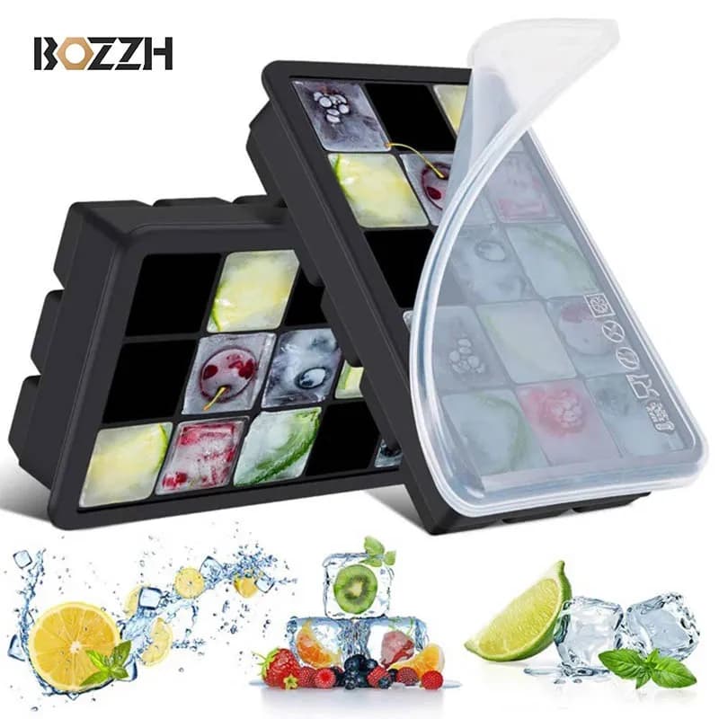 BOZZH 15 griglie stampo per ghiaccio vassoio per cubetti di ghiaccio in Silicone con coperchio quadrato Ice Cream Maker utensili da Bar da cucina