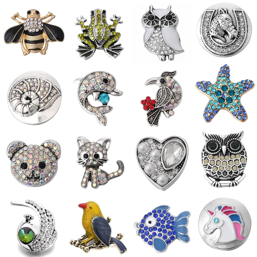 6pcs/lot DIY Crystal Animal Cat Dolphin Fish Owl Bee Bear Snap Buttons Jewelry Fit 18mm Metal Snap Button Jewelry DIY Bracelet