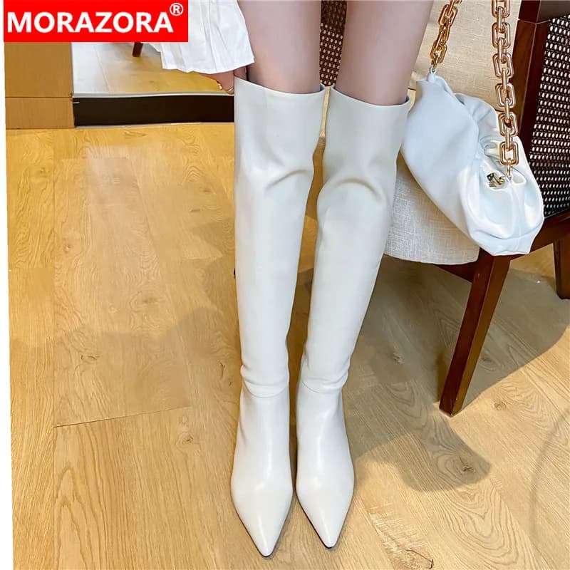 MORAZORA INS stivali alti al ginocchio caldi donna punta a punta tacchi alti Sexy stivali elasticizzati in vera pelle scarpe da festa autunno inverno