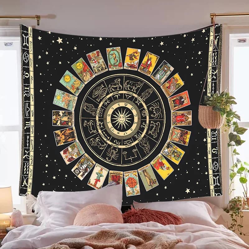 Carta dei tarocchi Ruota dello zodiaco Astrologia Grafico Arazzo Appeso a parete Retro Sole Luna Coperta Divano di casa Sfondo Panno Pittura