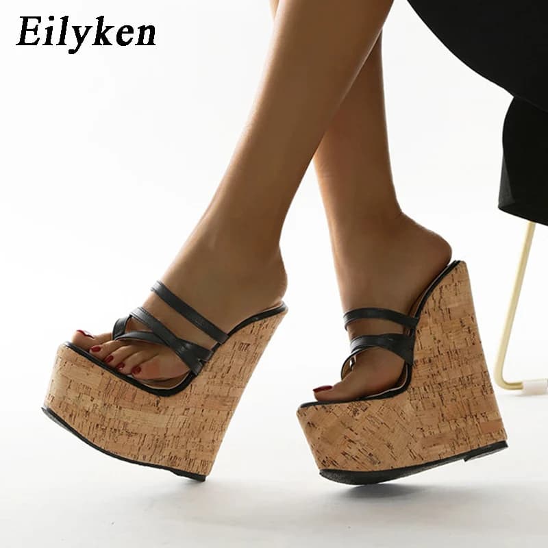 Eilyken Black Sexy Super 18CM Wedges Narrow Band Pinch Slippers Women Sandals High Heels Platform Mules Shoes