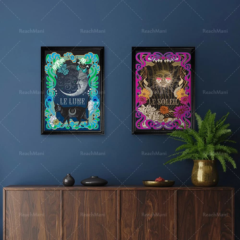 Carta dei tarocchi Le Soleil, La Lune wall art Bohemian tela pittura poster hippie Nordic camera da letto soggiorno decorazione