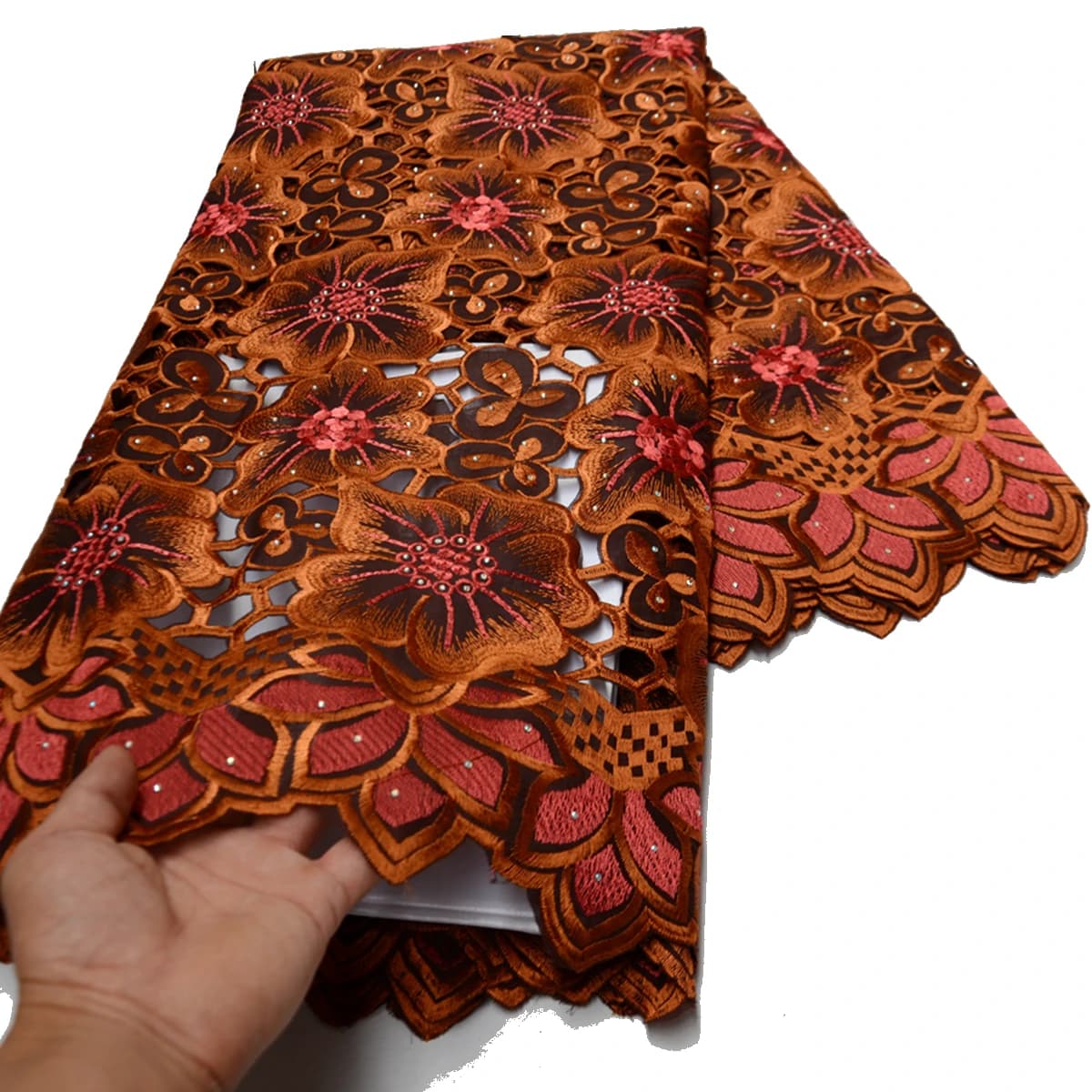 Swiss Voile Lace Fabric with Stones, Handcut holed coffee embroidery, African, Wedding Clothes, High Quality, New Design