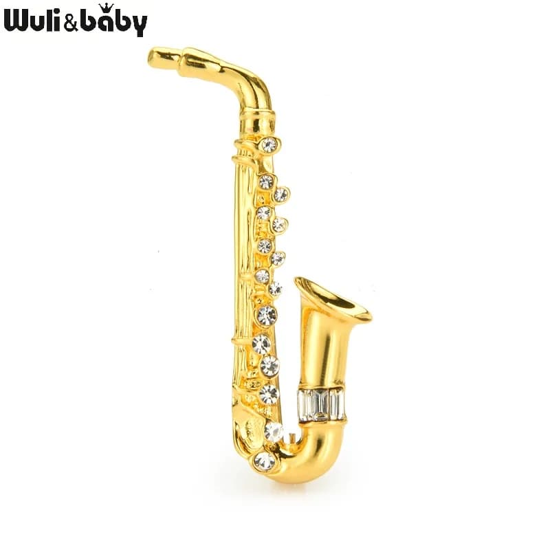 Wuli&baby 2-color Saxophone Brooches For Women Unisex Metal Rhinestone Instruments Music Lover Casual Brooches Gifts