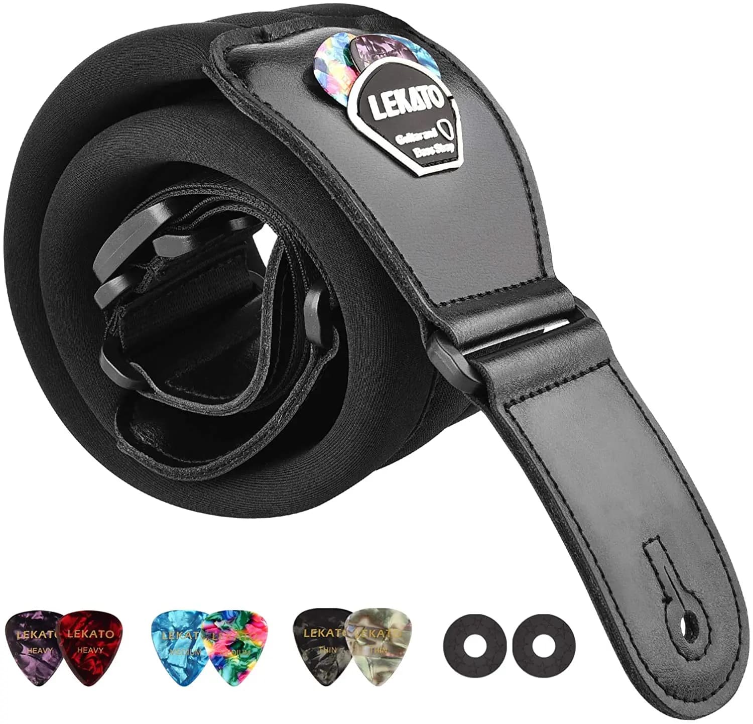 LEKATO LGS-2 Tracolla per basso regolabile in pelle bovina per basso elettrico acustico Cintura per chitarra Accessori per parti di chitarra con 6 plettri