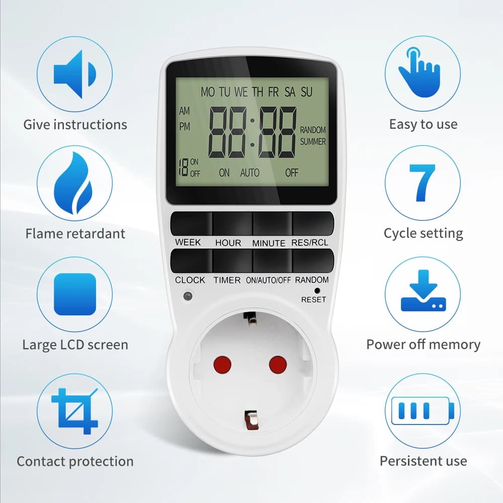Interruttore timer elettronico digitale Spina UE FR BR Temporizzatori da cucina 230 V 7 giorni 12/24 ore Presa di temporizzazione di controllo programmabile