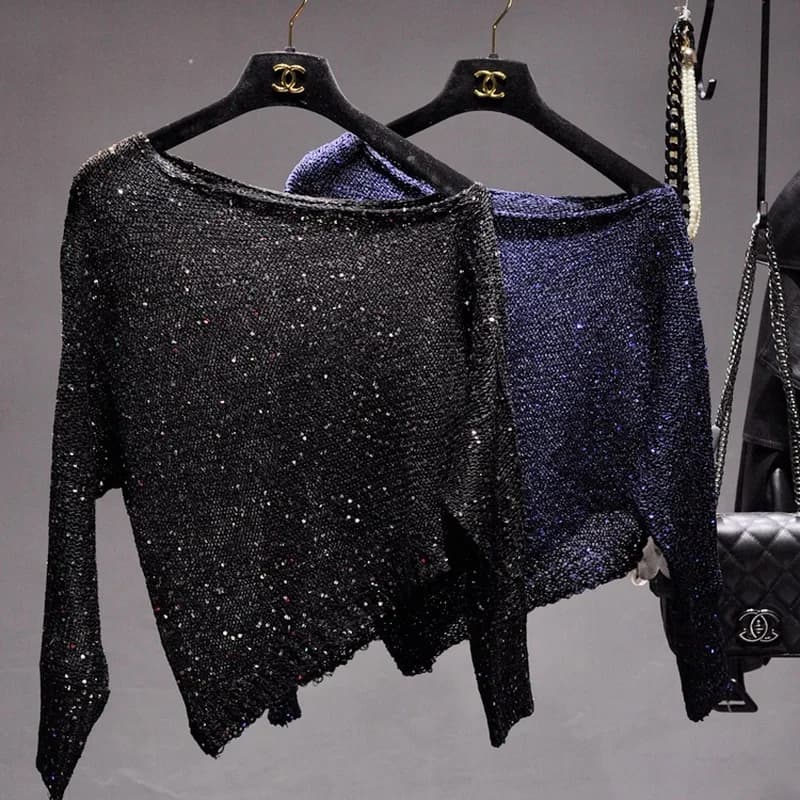 Spalla inclinata irregolare scava fuori il cappotto di lavoro a maglia vestiti autunnali per le donne 2021 moda maglione estetico sexy con paillettes