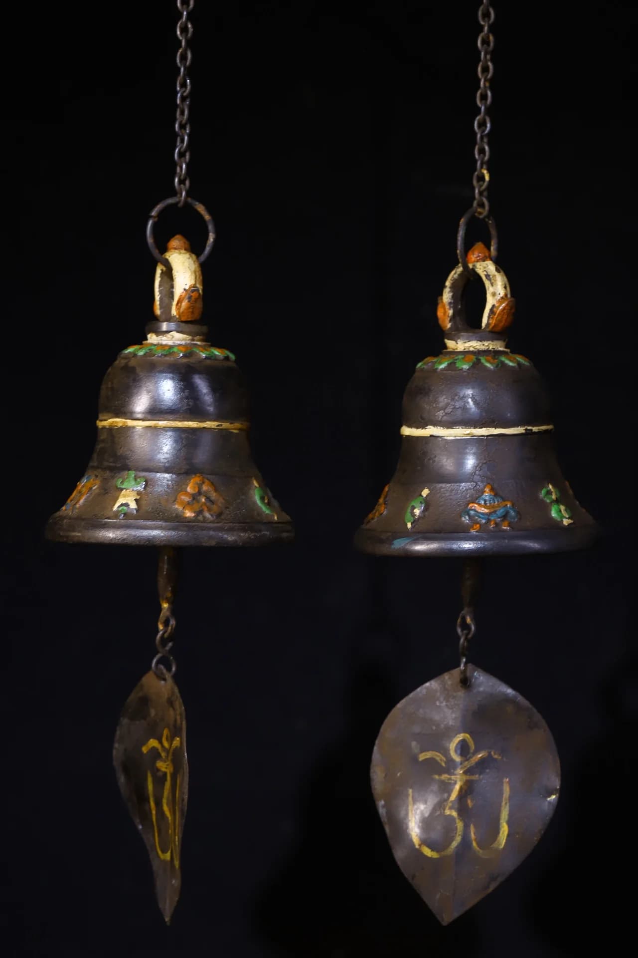 Tibetan Temple Collection Old Bronze Painted Bells Eight Treasures Old Wind Chime Ringing Bell A pair Pendant Amulet Exorcism