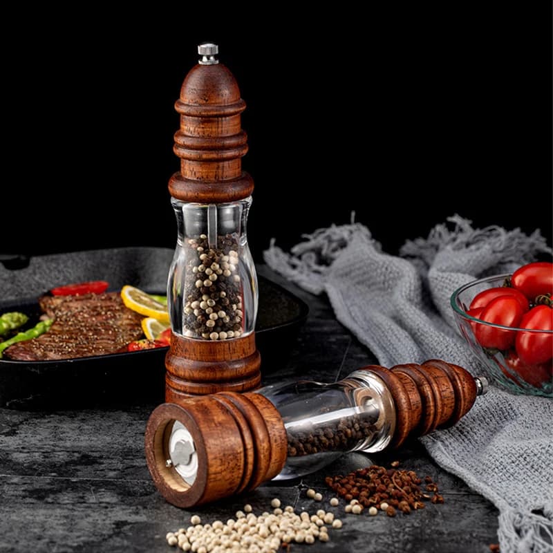 Macinapepe e sale in legno massello macinaspezie manuale macinapepe regolabile agitatore per sale e pepe con utensile da cucina per il corpo in acrilico