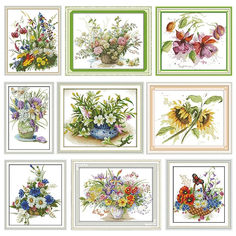 Embroidery Needlework Handmade Chrysanthemum Flower Basket Cross Stitch Kit 11CT 14CT Counted Printed Stamped Patterns Decor Set