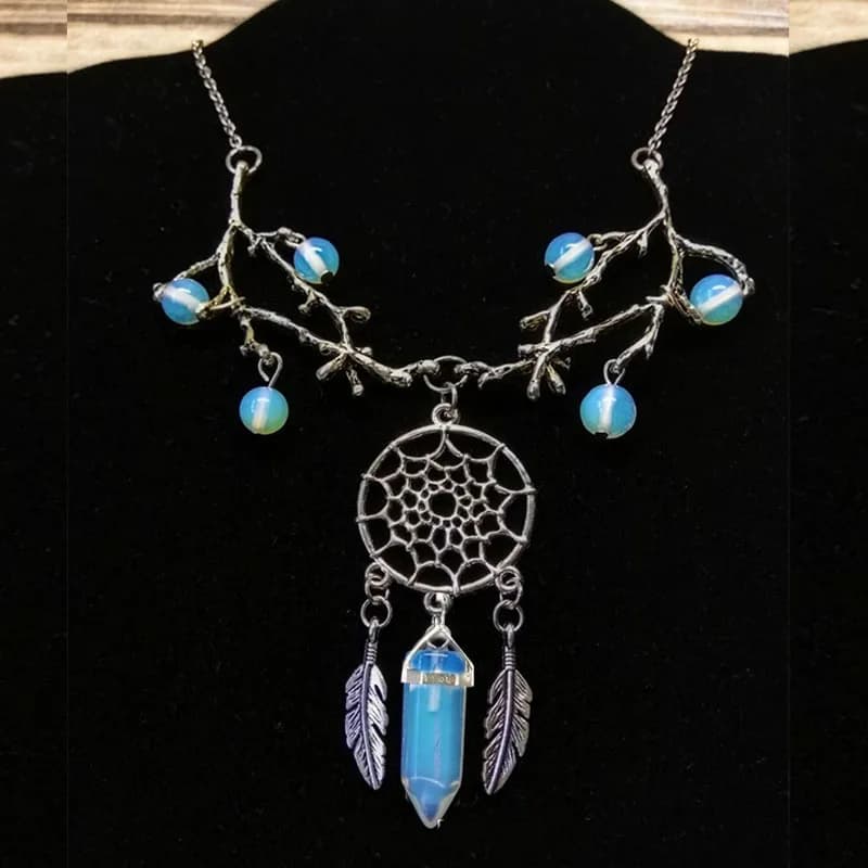 Dream Catcher Branch Twig Necklace Opalite Crystal Beads Silver Pendant Feather
