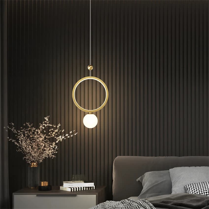 Lampade a sospensione ad anello in oro a lunga linea di lusso camera da letto comodino fagiolo magico luci a sospensione singole lampade a sfera di vetro illuminazione decorativa