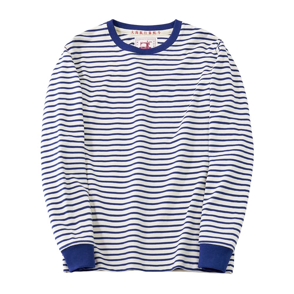 New Men's White Striped Long Sleeved Winter T-shirt Men's Casual Cotton Heavy Retro Japanese Streetwear