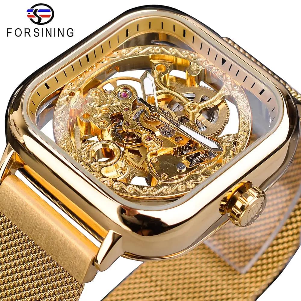 Forsining Orologi meccanici da uomo Orologio automatico a carica automatica dorato trasparente moda maglia orologio da polso in acciaio scheletro uomo maschio ora calda