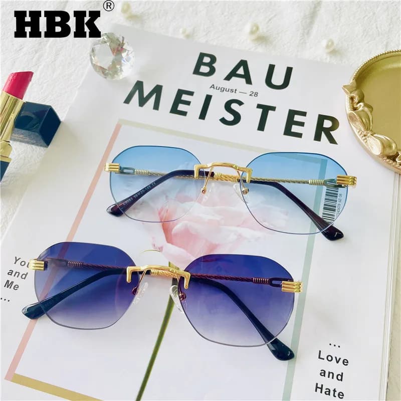 HBK Fashion Blue Rimless Rectangular Sunglasses For Women Men Metal Square Luxury Frameless Sun Glasses Unisex 2021 UV400