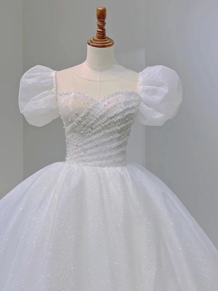 Abito da sposa bianco di lusso con paillettes, abito da sposa con perle, maniche a sbuffo, fiocco sul retro, abito da sposa lungo principessa personalizzato