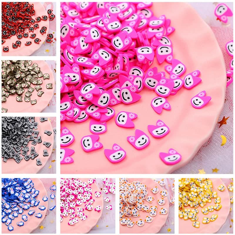 100 g/lotto animali del fumetto polimero caldo argilla morbida spruzza per accessori artigianali fai da te fare Klei carino particelle di fango Decor 10mm