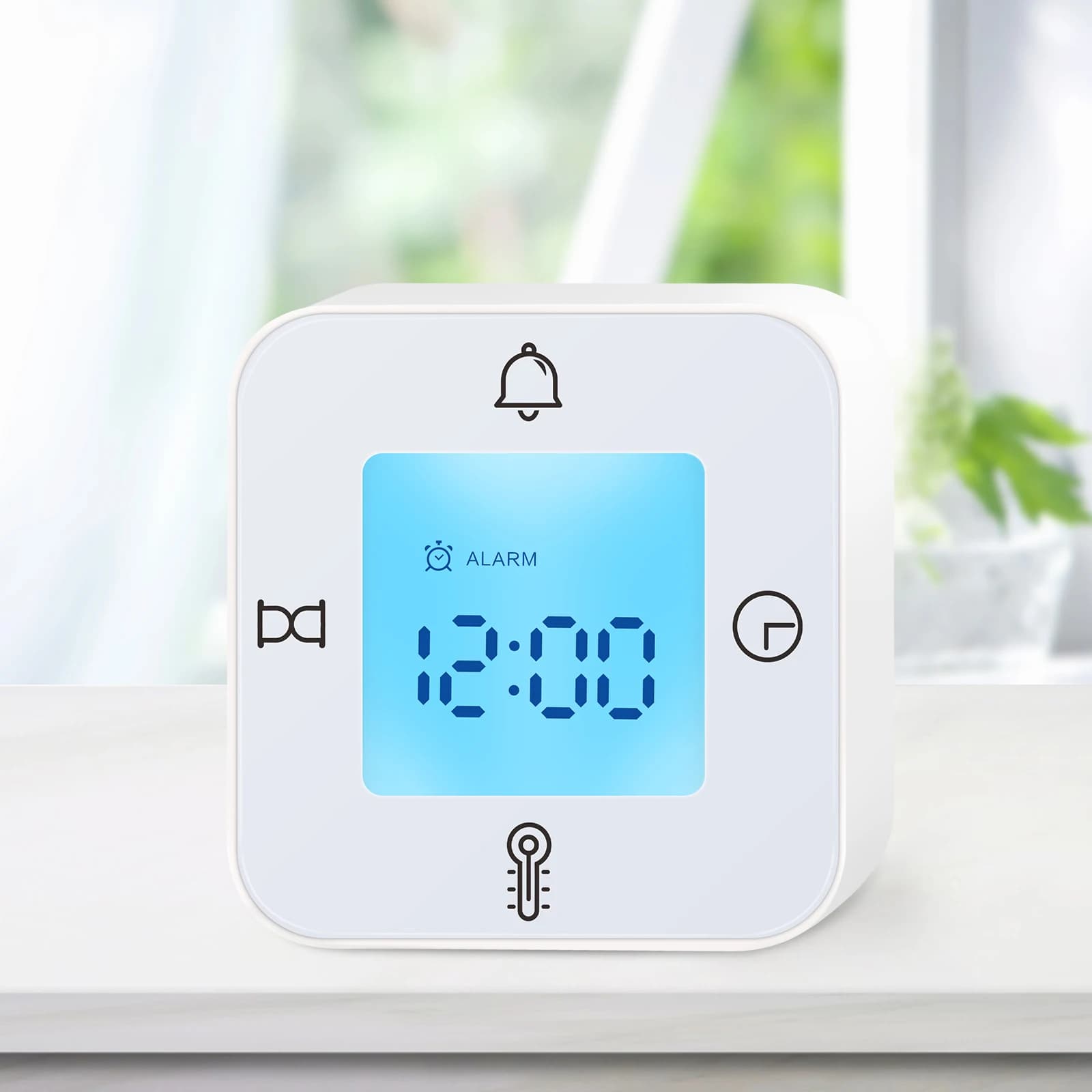 Protmex alarm clock with calendar Snooze thermometer Timer backlight square swivel alarm 12/24h white