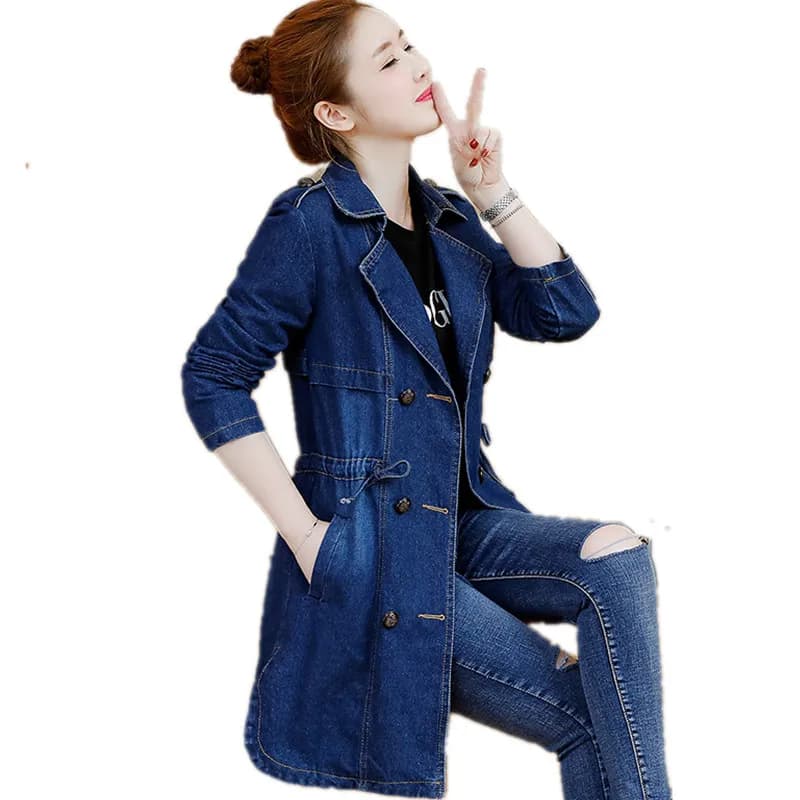 2026 Denim Jacket Women Long Trench Coat Autumn Letter Embroidery Double-breasted Denim Coats Ladies Quality Assurance 1684