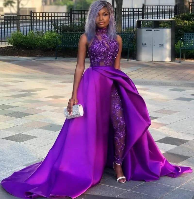 Tuta da sera con macchie di pizzo viola con strascico Collo alto con perline Abito da ballo per occasioni personalizzate Aso Ebi africano