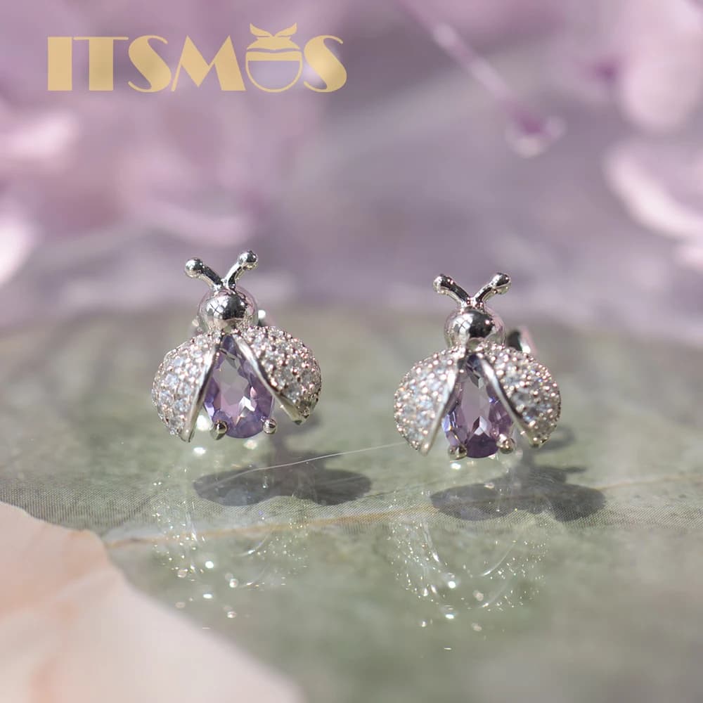 ITSMOS Ladybug Stud Earrings Amethyst Cristal Diamond Insect Earrings 925 Silver Earrings Stone Jewelry for Women Elegant Gift
